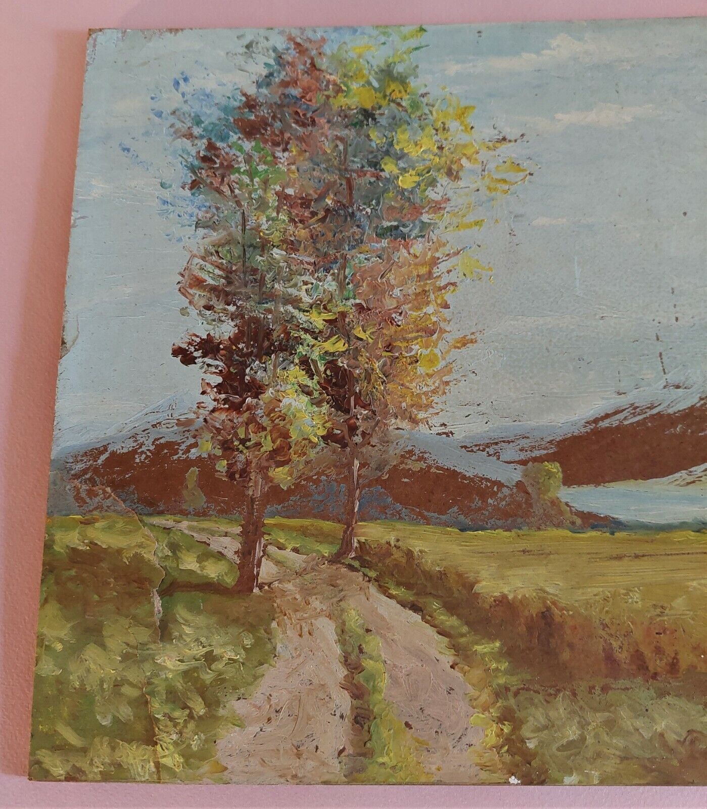 Painting oil on panel landscape mountains signed
