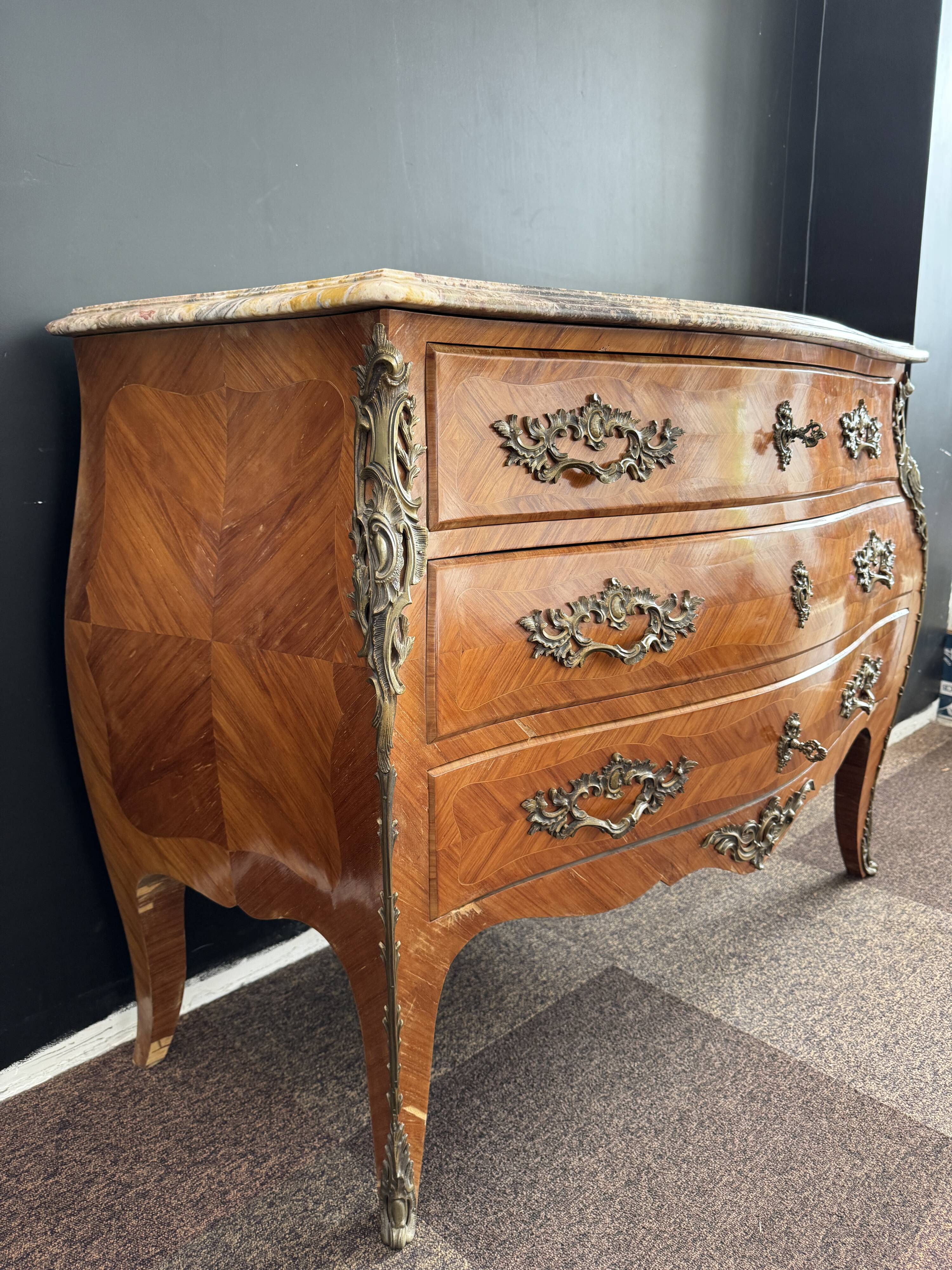 Bordeaux inlaid chest of drawers with marble and bronze ornament