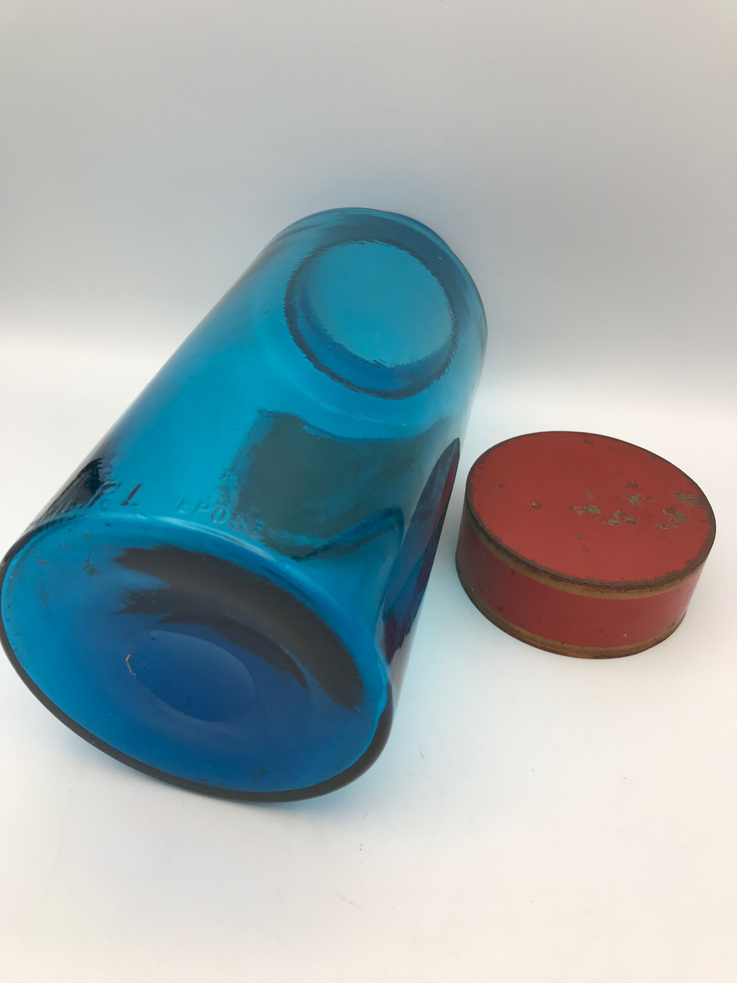Flacon bocal de pharmacie apothicaire en verre bleu, plaque bourgeons de pin, 26,5 cm
