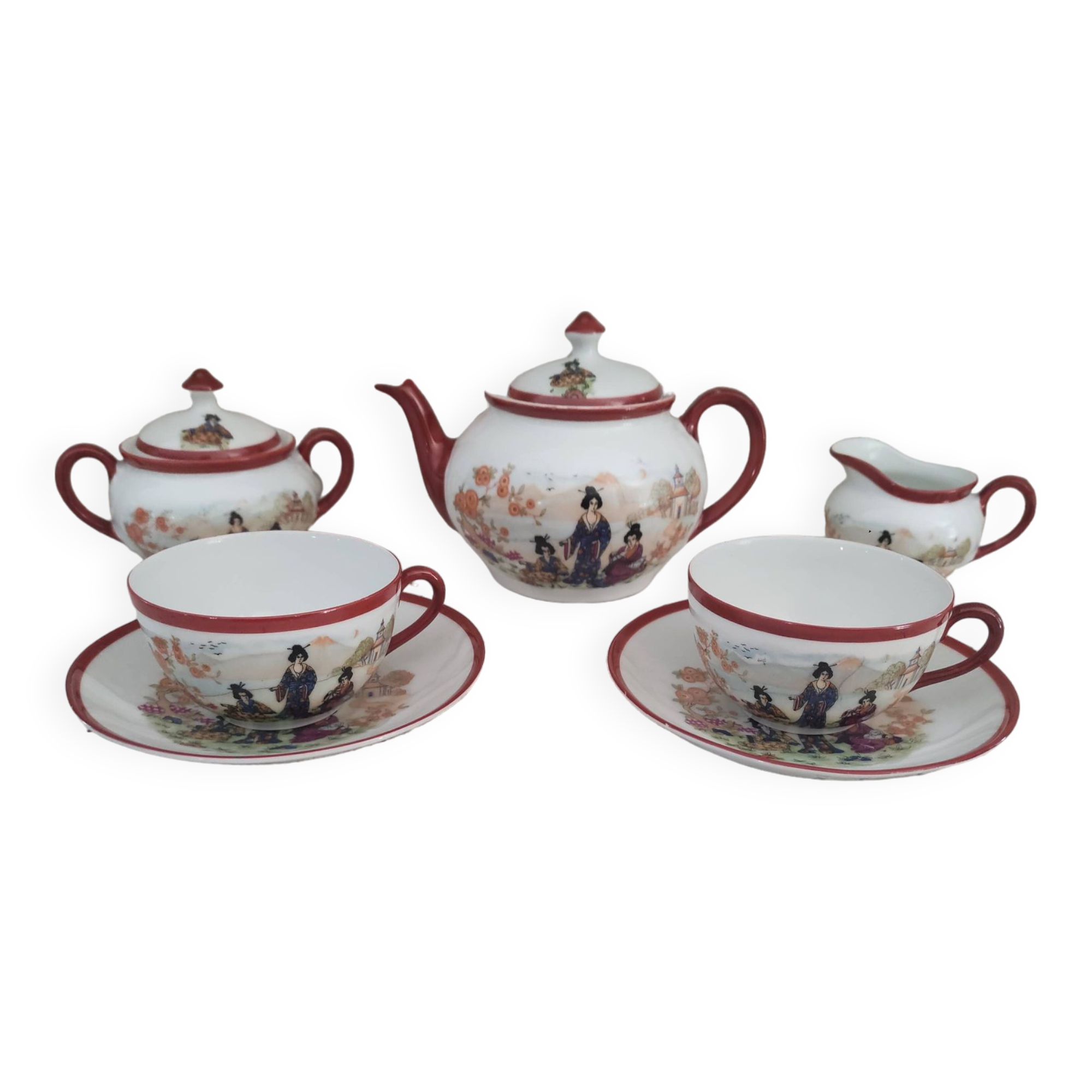 7-piece tête-à-tête tea set in Japanese porcelain, life scenes decor