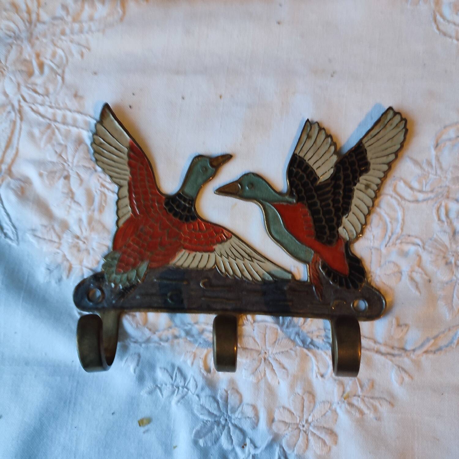 Vintage enamelled metal wall coat rack, duck motif, made in