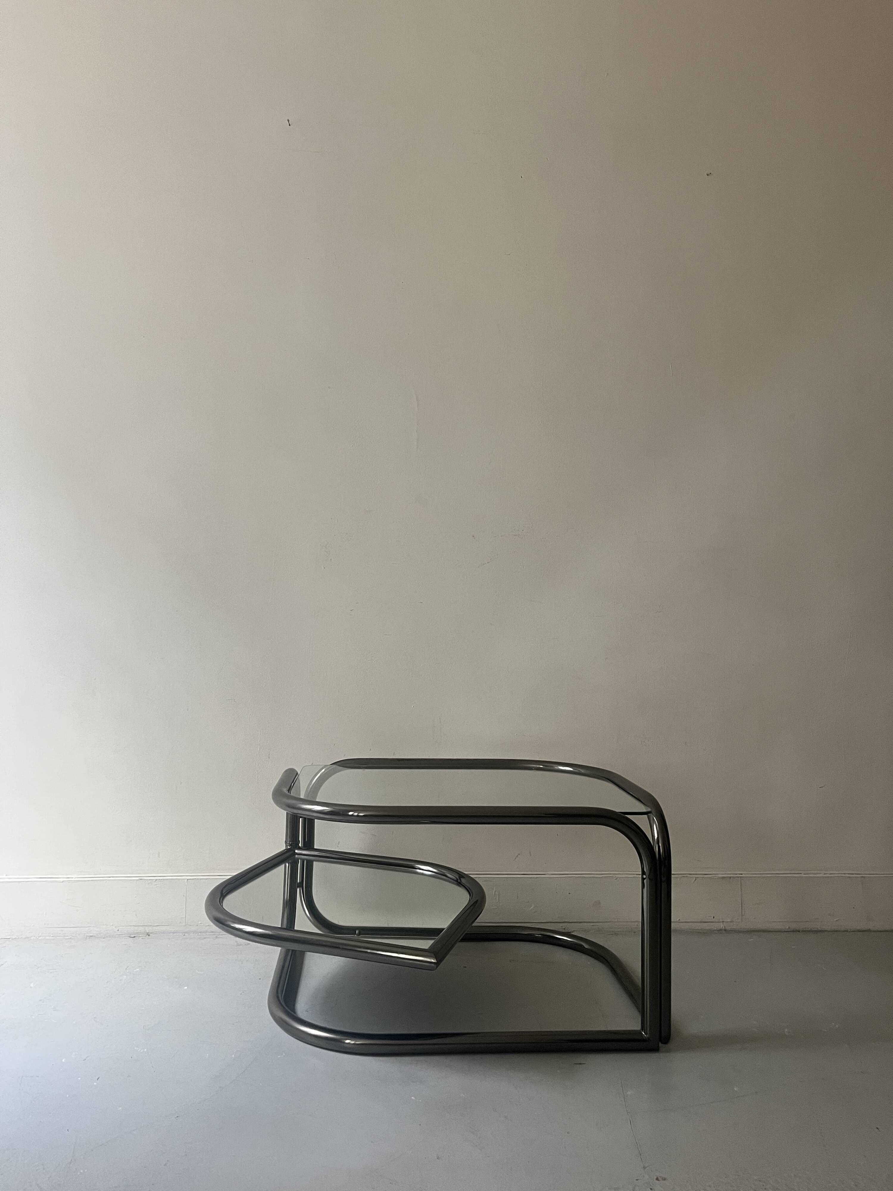 rotating coffee table drop in tubular chrome metal, glass and mirror, design 1970