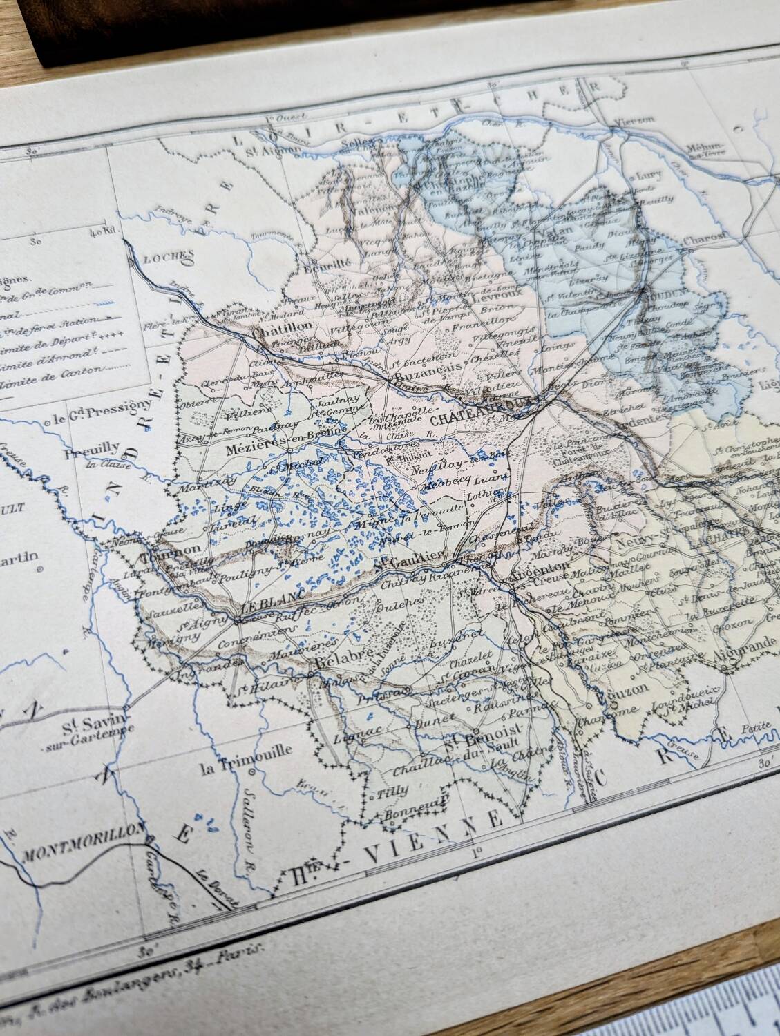 Map of Indre, printed in 1889. Authentic Vintage.