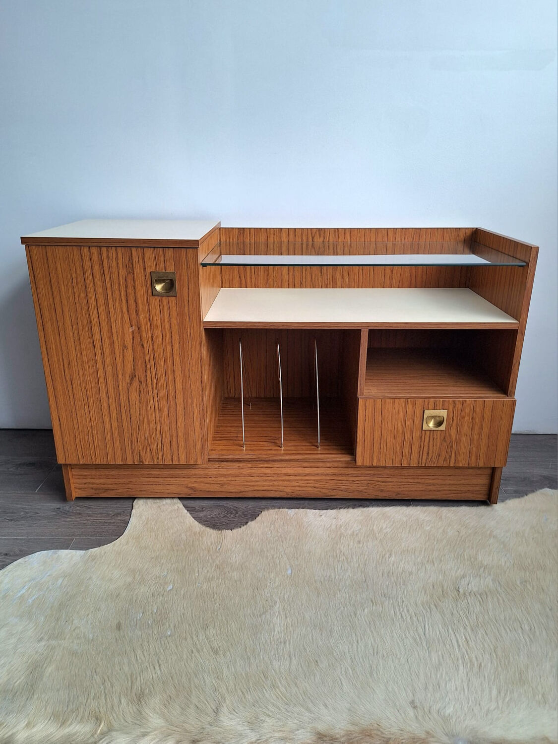 Vintage record player cabinet, designer hi-fi radio sideboard
