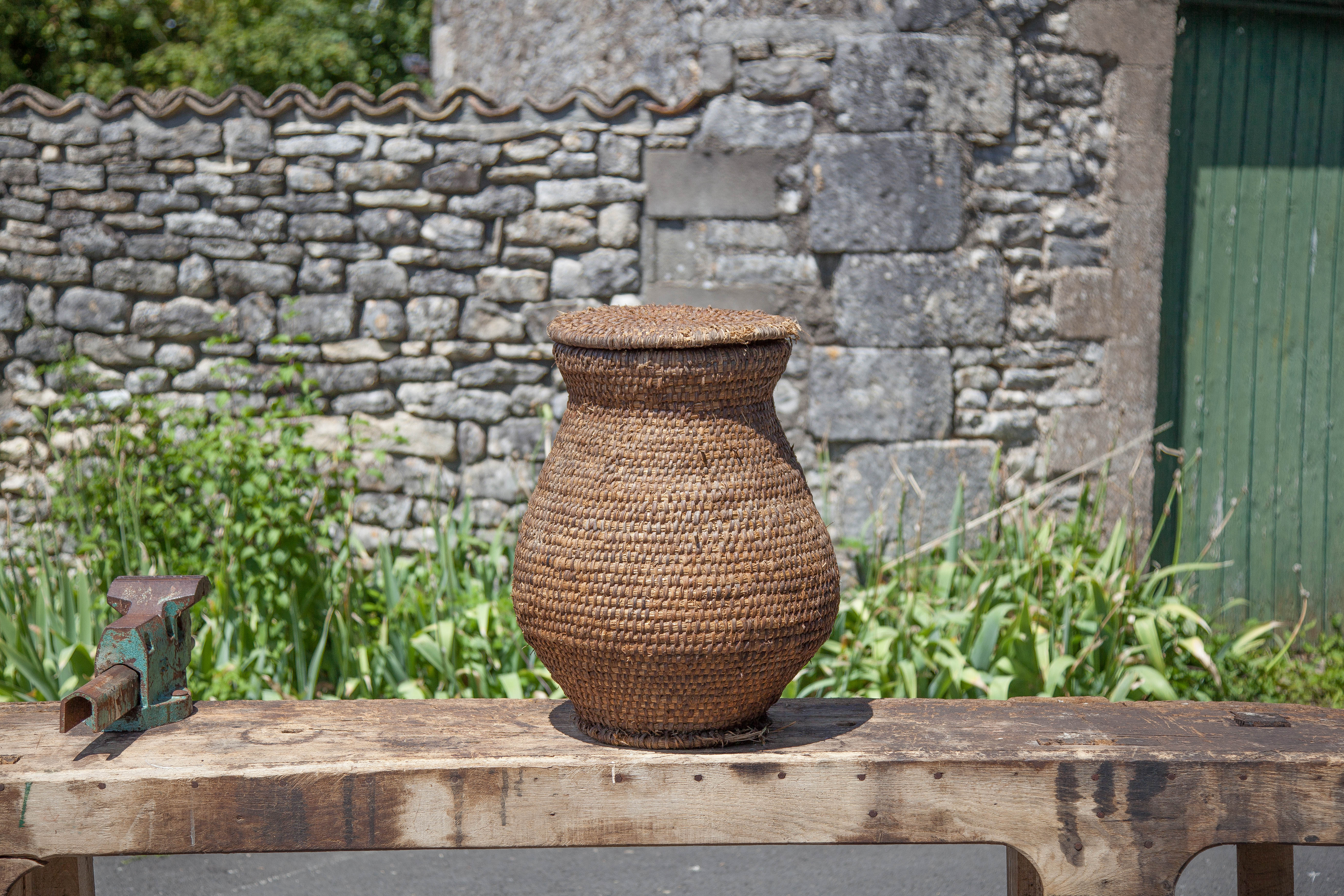 Old basket, burgundy straw and bramble with lid, woven basket