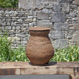 Old basket, burgundy straw and bramble with lid, woven basket