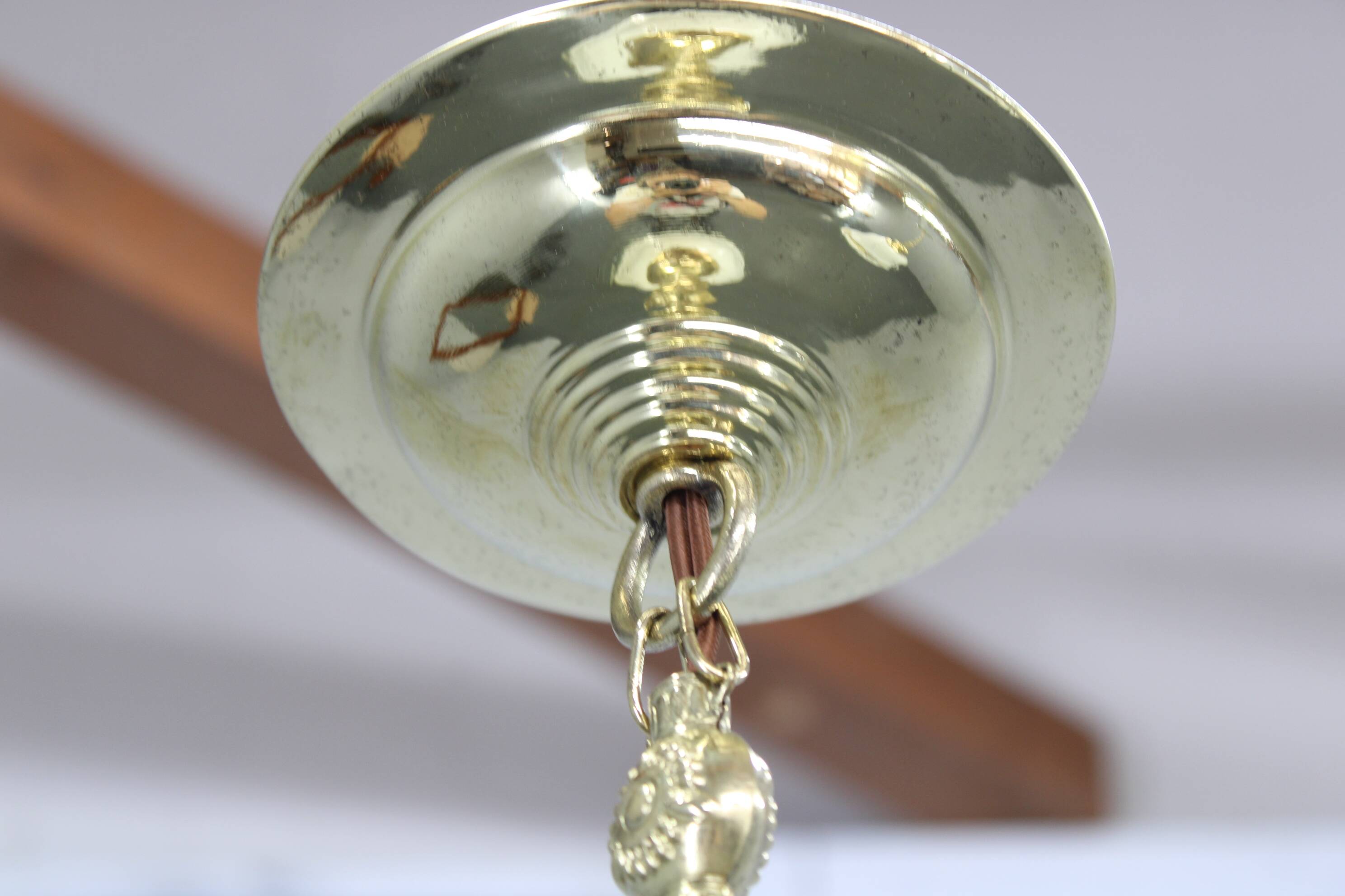 Pair of 1930s Peter Behrens Luzette pendants in opaline glass and brass