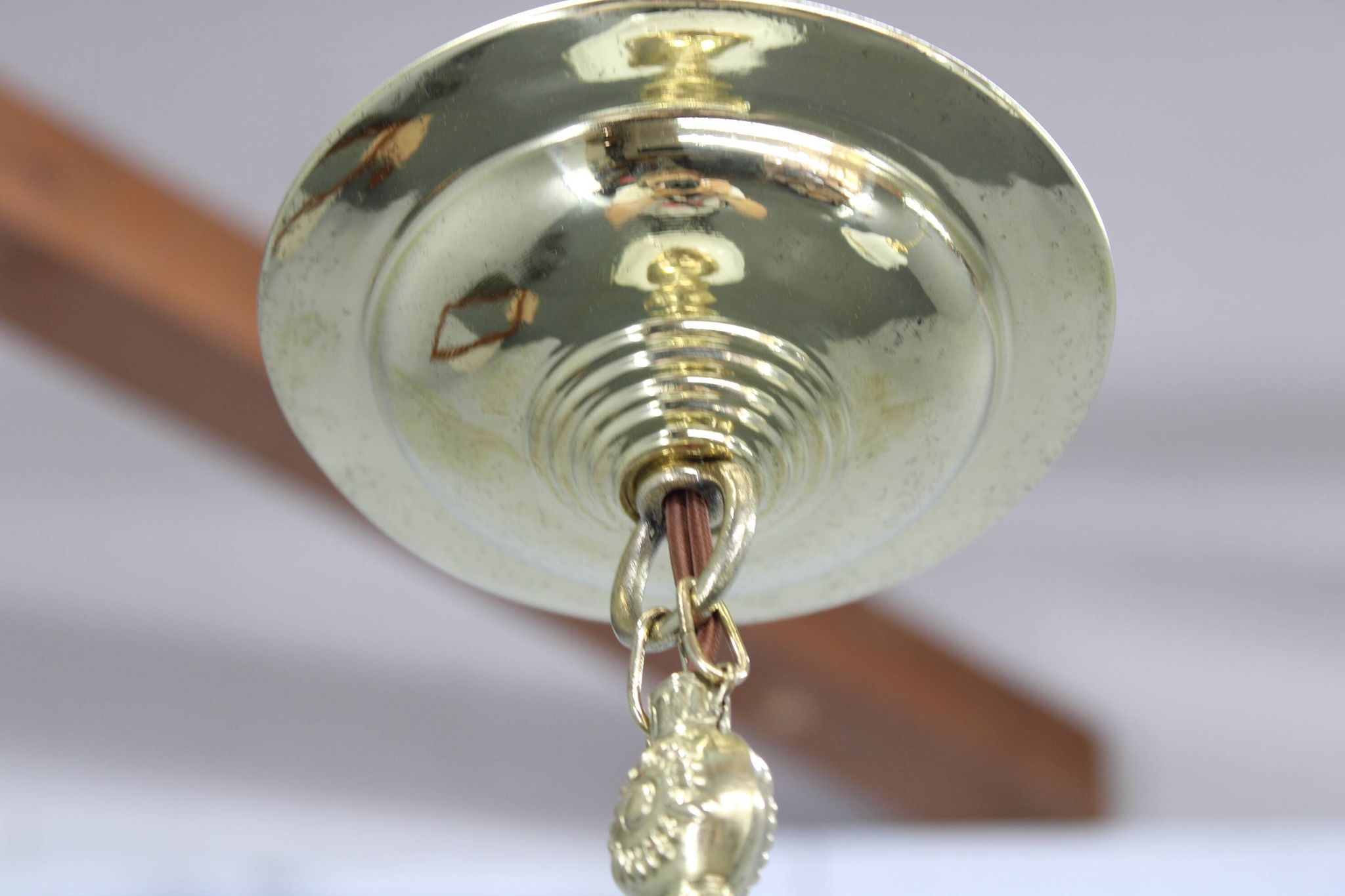 Pair of 1930s Peter Behrens Luzette pendants in opaline glass and brass