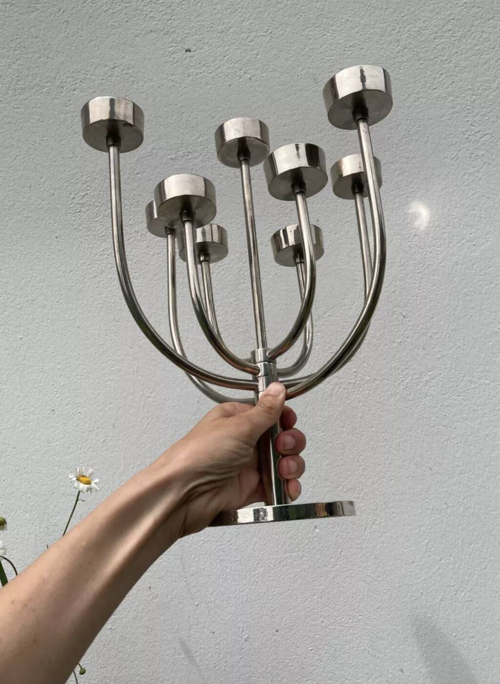 Silver metal candlestick with 8 stainless steel branches