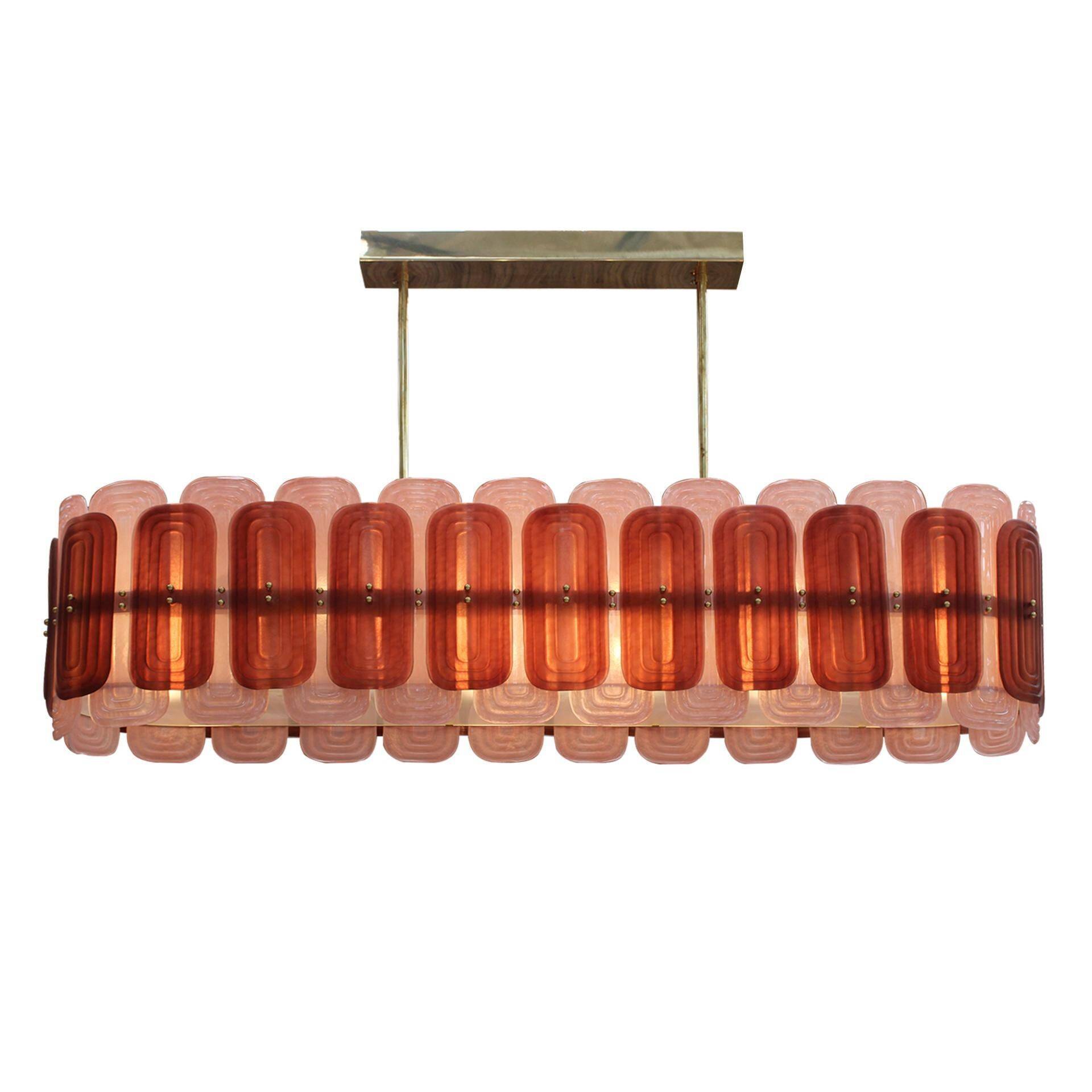 Italian Suspension Lamp with Gold Metal Structure and Red and Pink Murano Glass