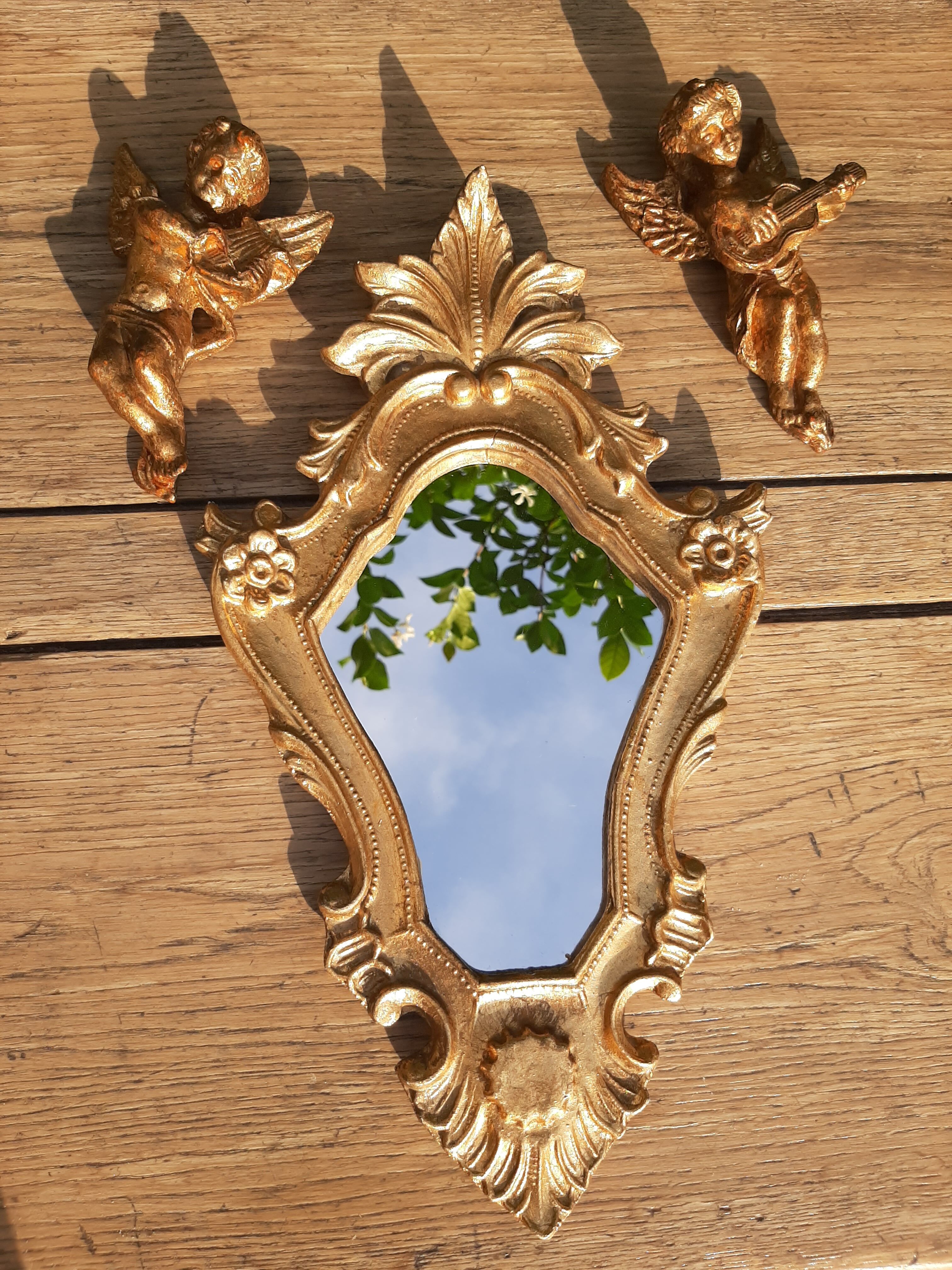 Miroir baroque bois doré et 2 angelots