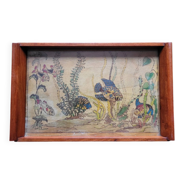Plateau pyrogravé et peint, style Japonisme 1900 - 1930