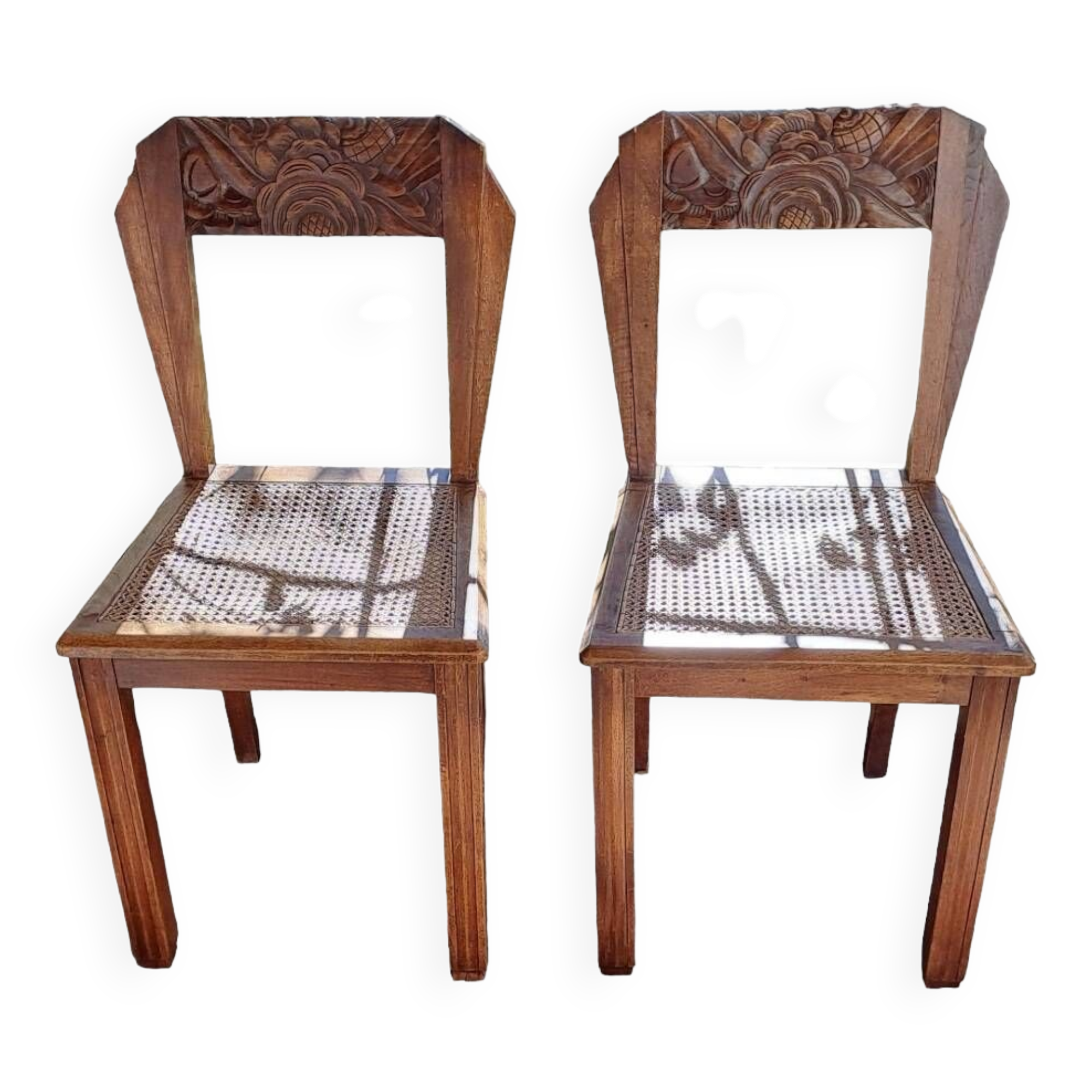 Art deco style chairs carved varnished wood honey brown color 1940