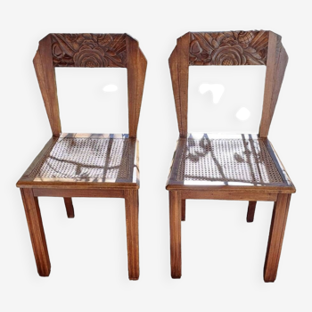 Art deco style chairs carved varnished wood honey brown color 1940