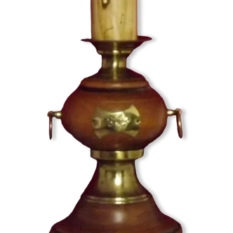 Français milieu du siècle rond tourné base de lampe en bois étiquette 1852 carte bougie goutte à goutte 4069