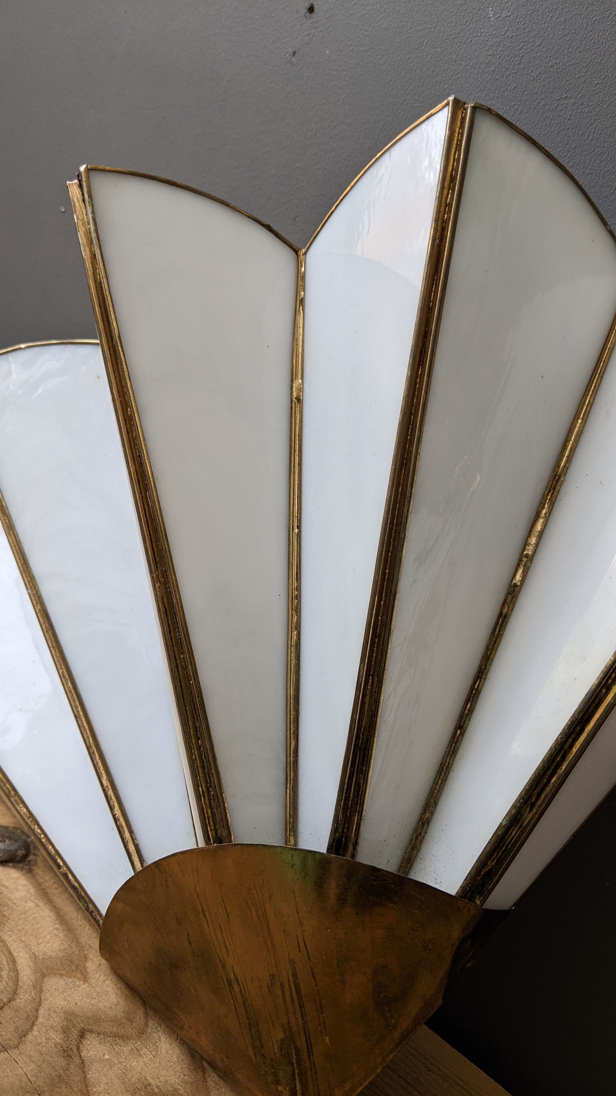 Pair of mother-of-pearl and brass fan wall lamps