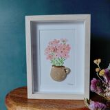 Tableau en relief bouquet de fleurs roses à l'aquarelle dans un mug en argile fait main