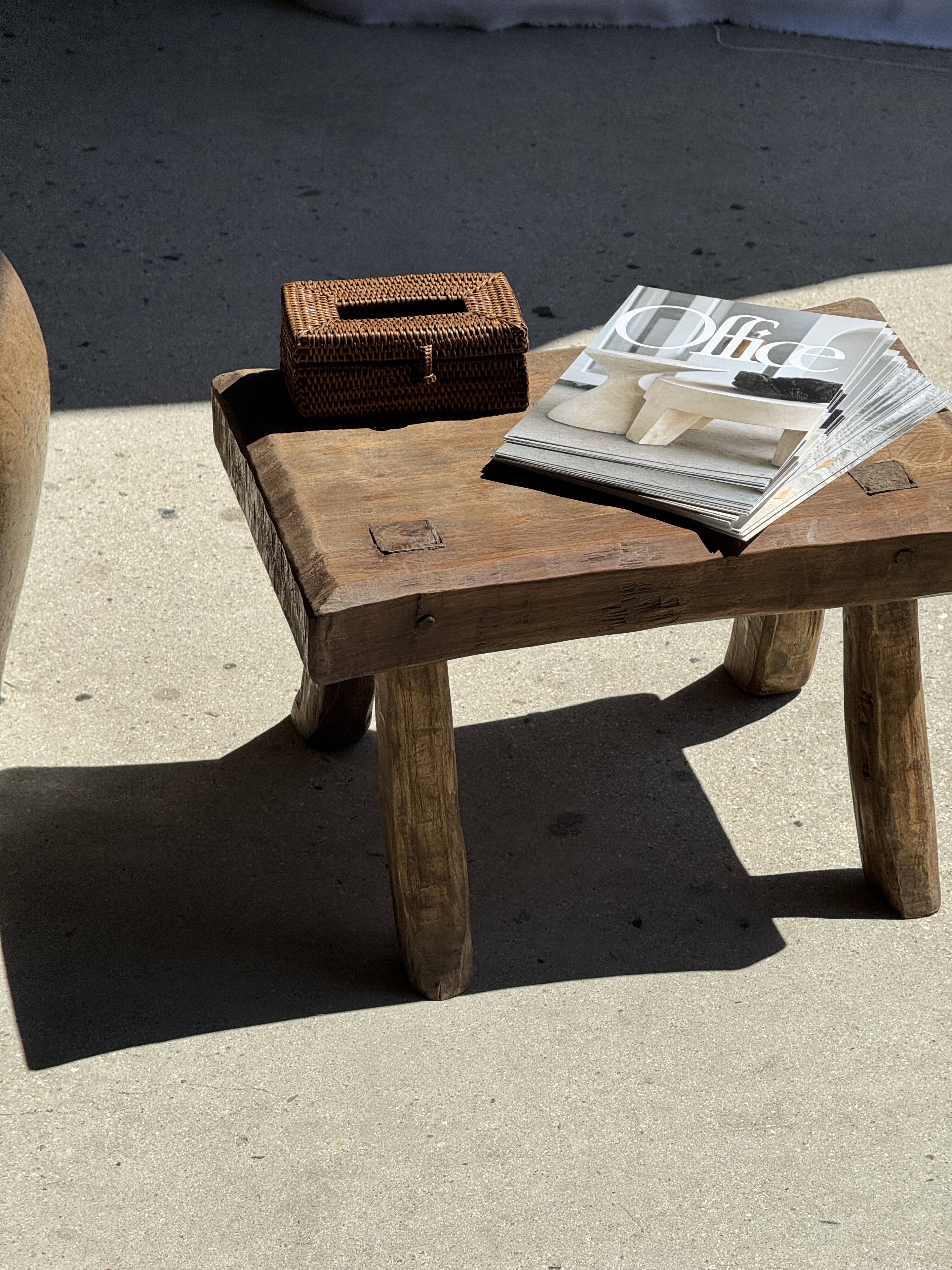 Small stool, rectangular curved accent stool in solid teak.