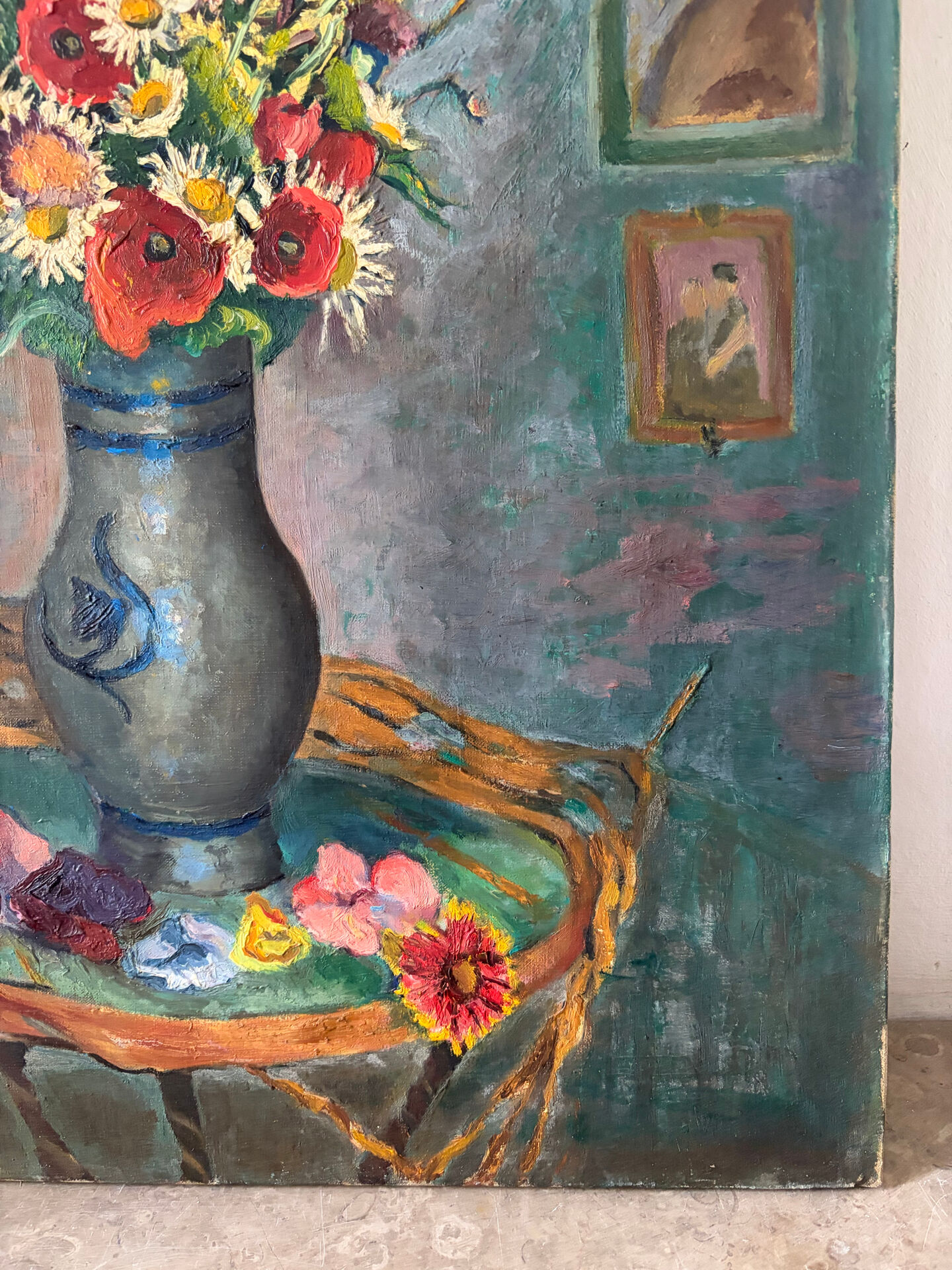 Bouquet of flowers with poppies, oil on canvas signed