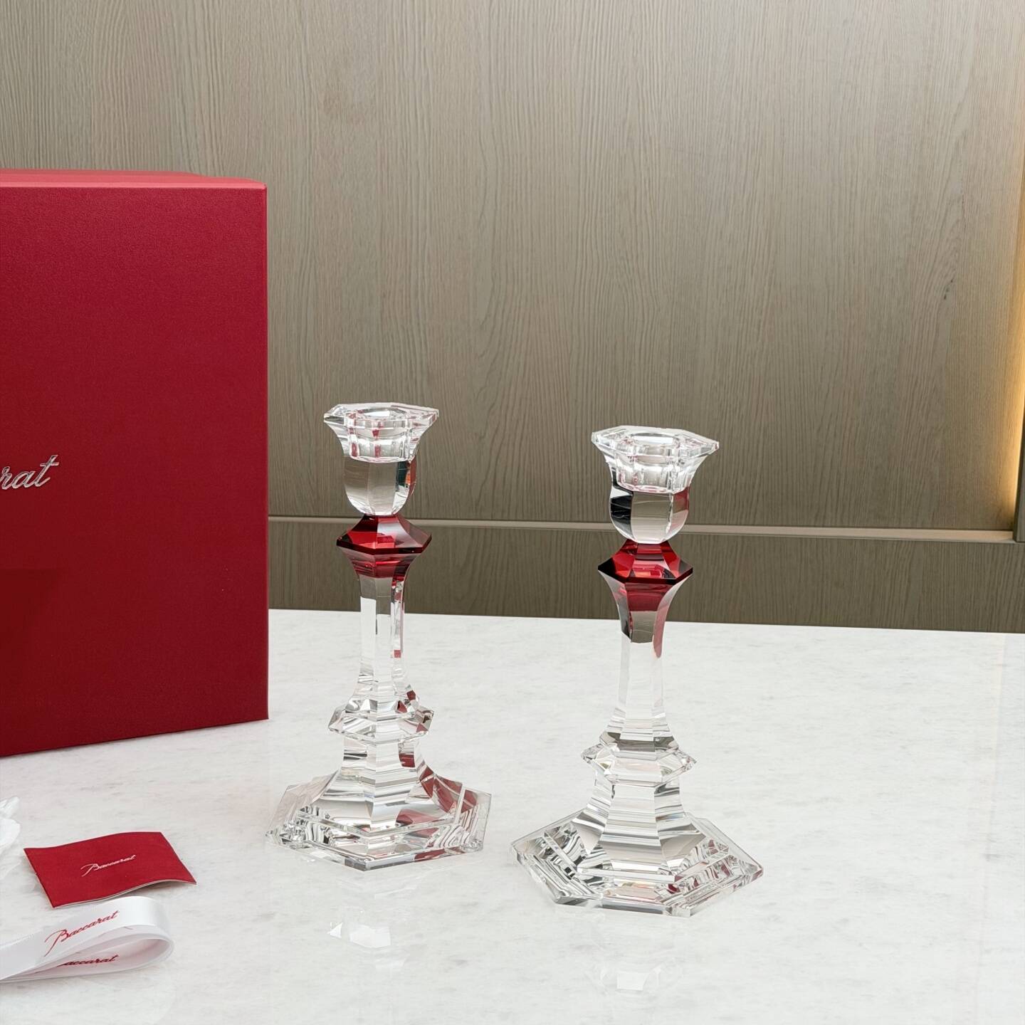 Baccarat Harcourt Candlesticks, Red Knob – Pair, 22 cm