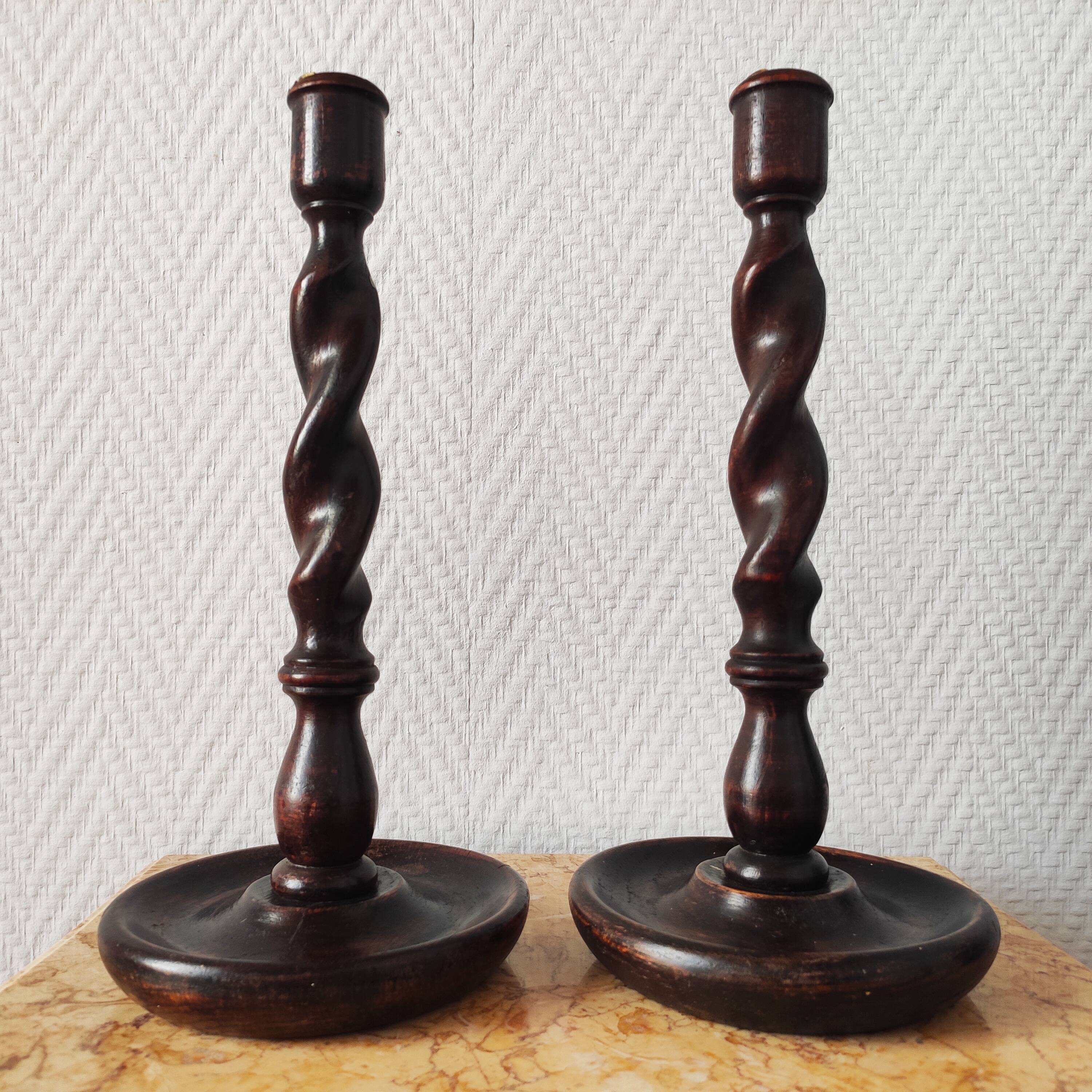 Old pair of English turned wood candlesticks