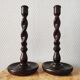 Old pair of English turned wood candlesticks