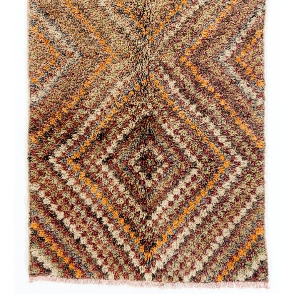 Vintage Hand-Knotted Tulu Runner Rug with Geometric Diamond Design in Brown, Orange and Earthy Tones, 100% Wool