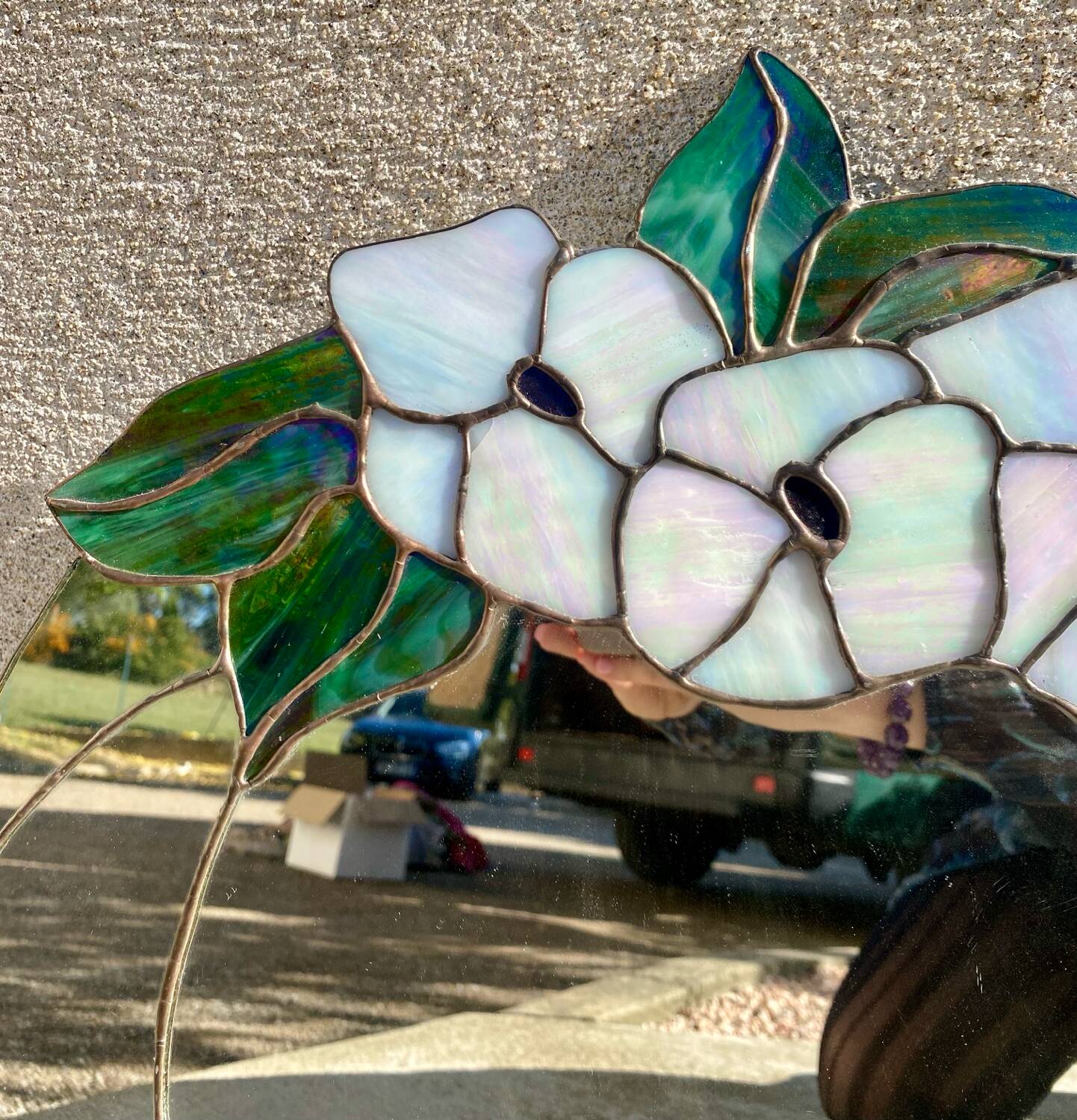Vitrail, miroir, Tiffany fait main vintage motif à fleurs
