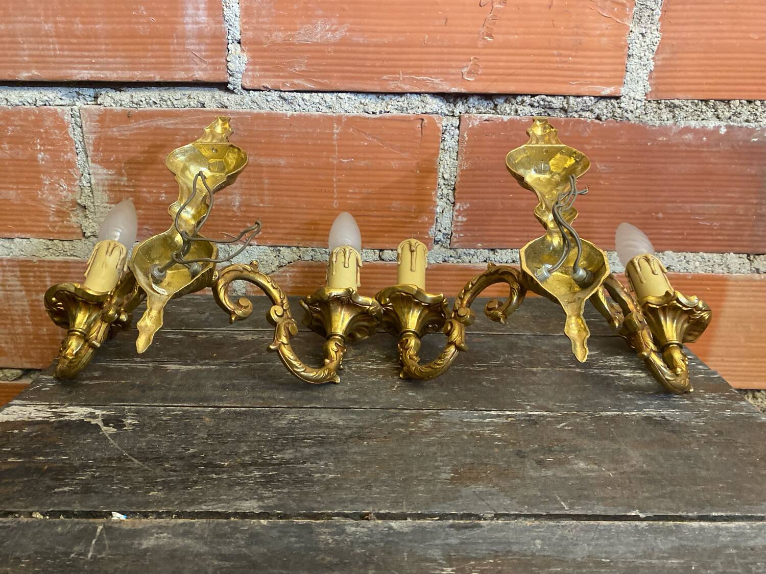 Pair of Double Wall Lights in Antique Louis XV Style, Gilded Bronze Vintage #D67