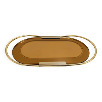 Plateau ovale en plaqué or 24 carats et miroir rose bronzé par Umberto Mascagni