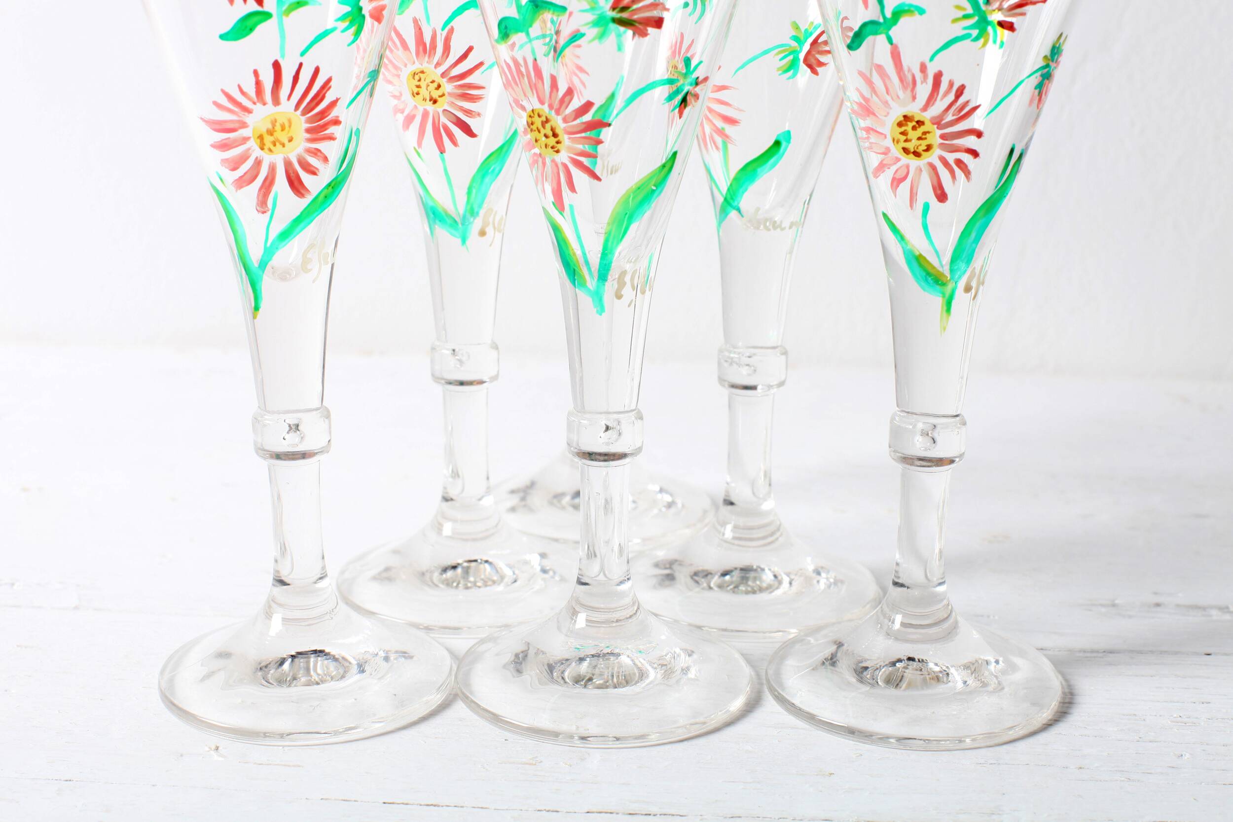 Set of 6 Mid-century Rare Floral Design Champagne Flutes / Italy / 1960s