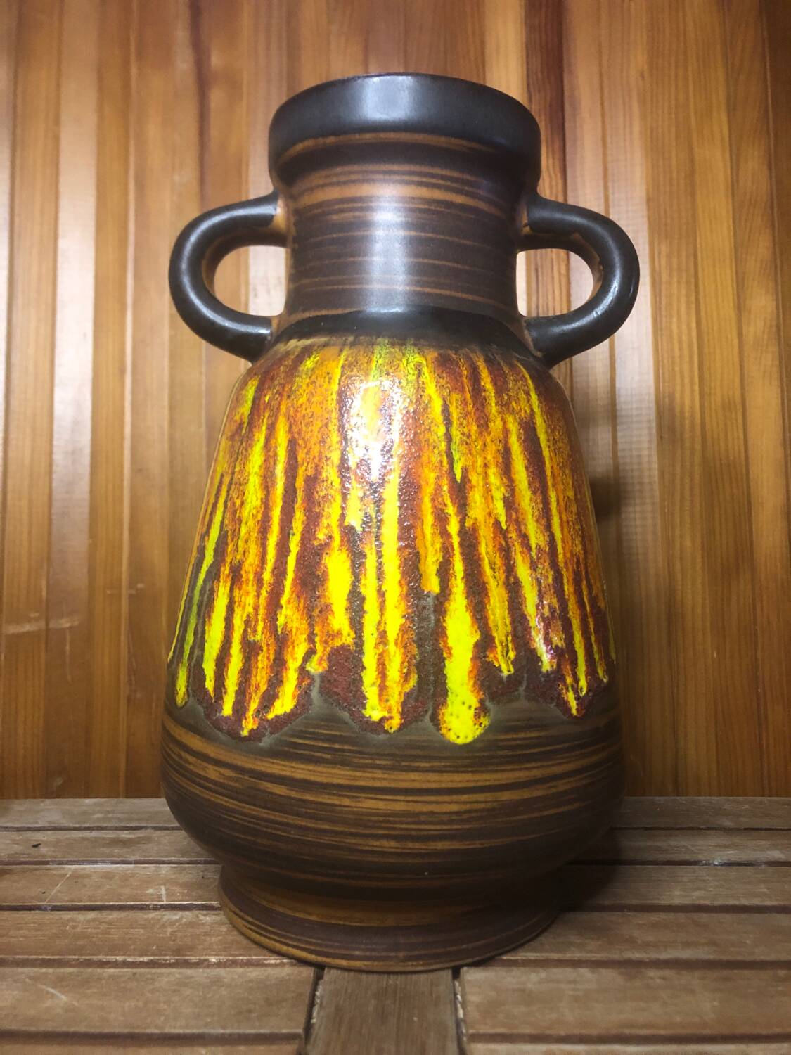 Old Vase With Handles ST CLÉMENT France Ceramic Brown & Orange Vintage #A412