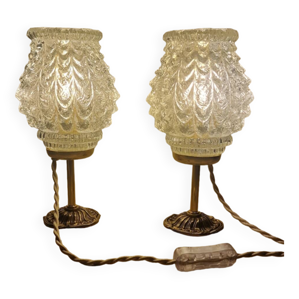Duo lampes verre ciselé pied bronze ancien