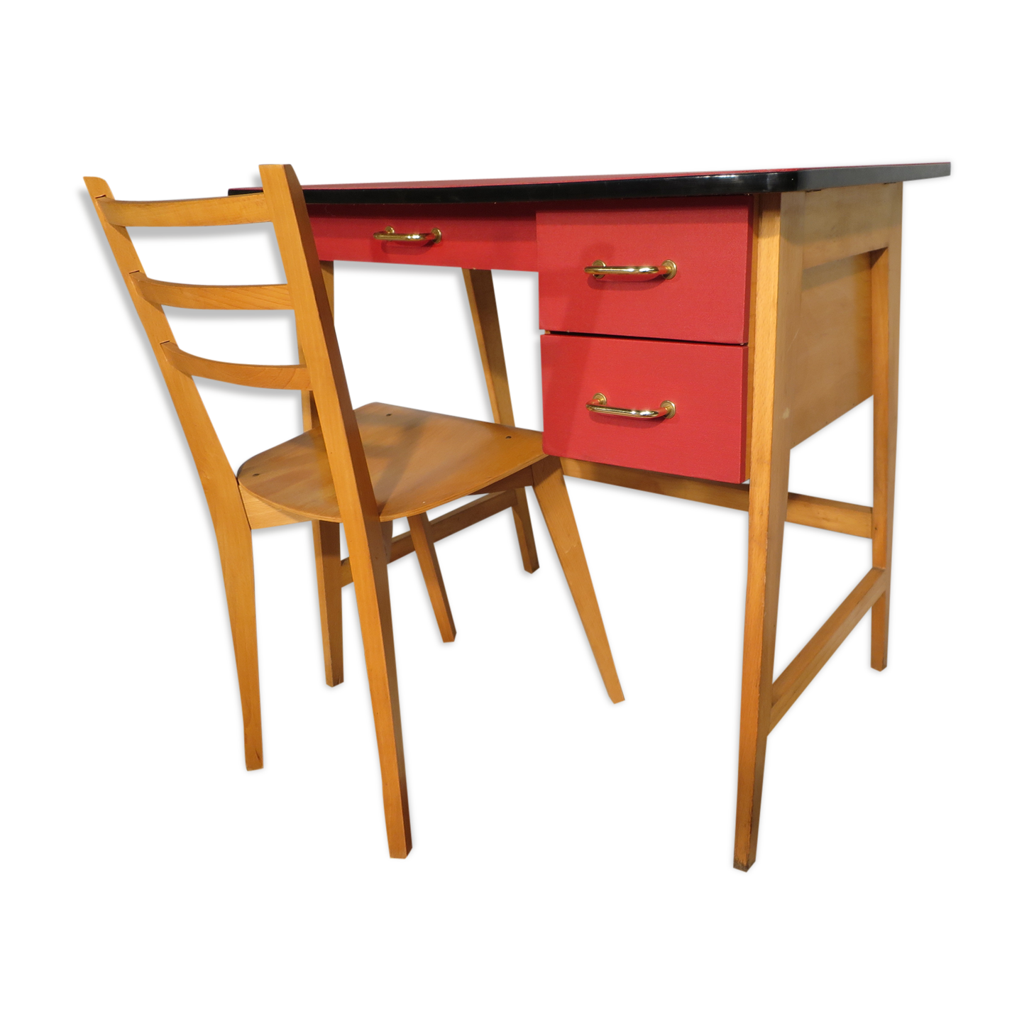 Bureau et chaise vintage en hêtre et skai