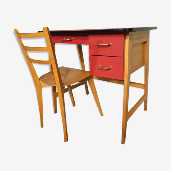 Bureau et chaise vintage en hêtre et skai