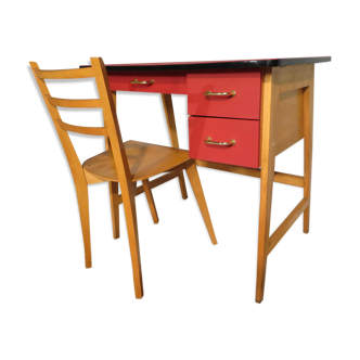 Bureau et chaise vintage en hêtre et skai