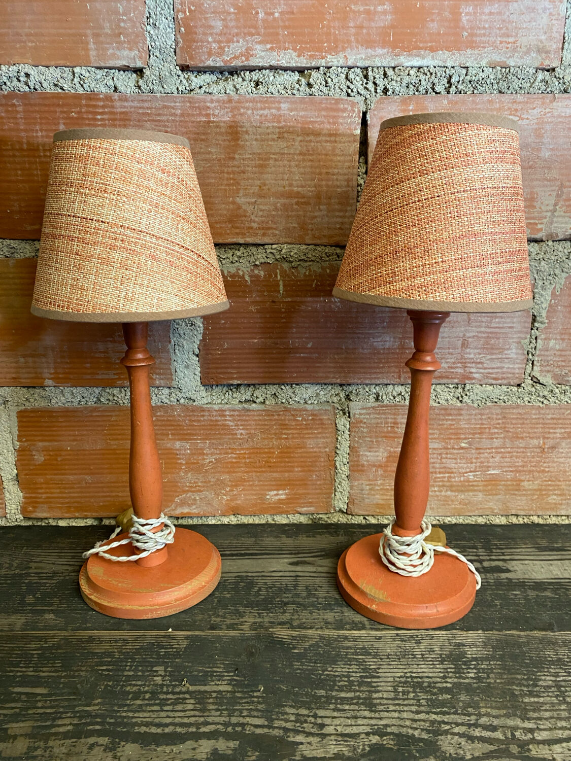 Pair of antique turned wood bedside lamps with push button switch