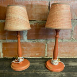 Pair of antique turned wood bedside lamps with push button switch