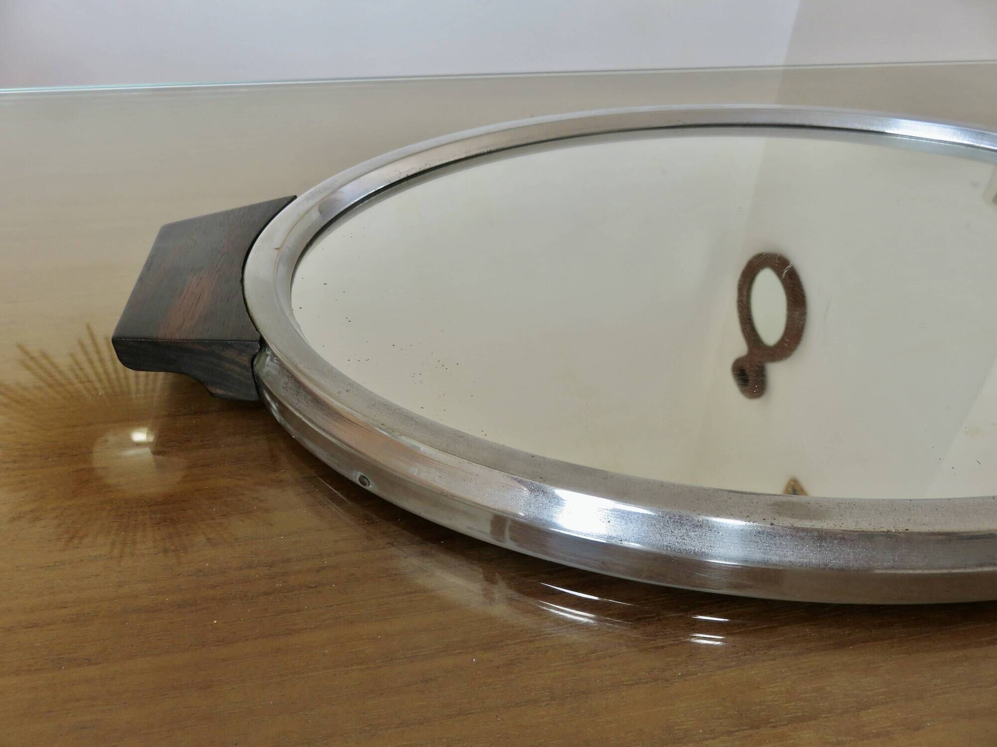 Oval mirror plateau, chrome brass and rosewood, Art Deco, 1920s 30s