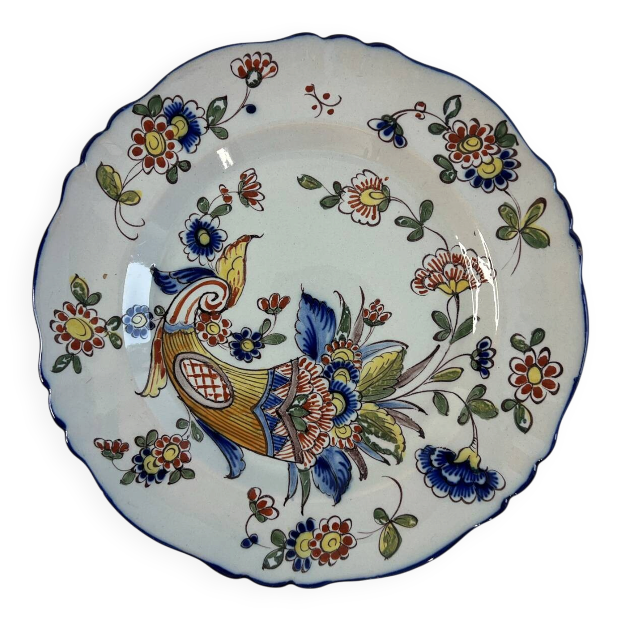 Flat plate in earthenware with polychrome decoration in Rouen style