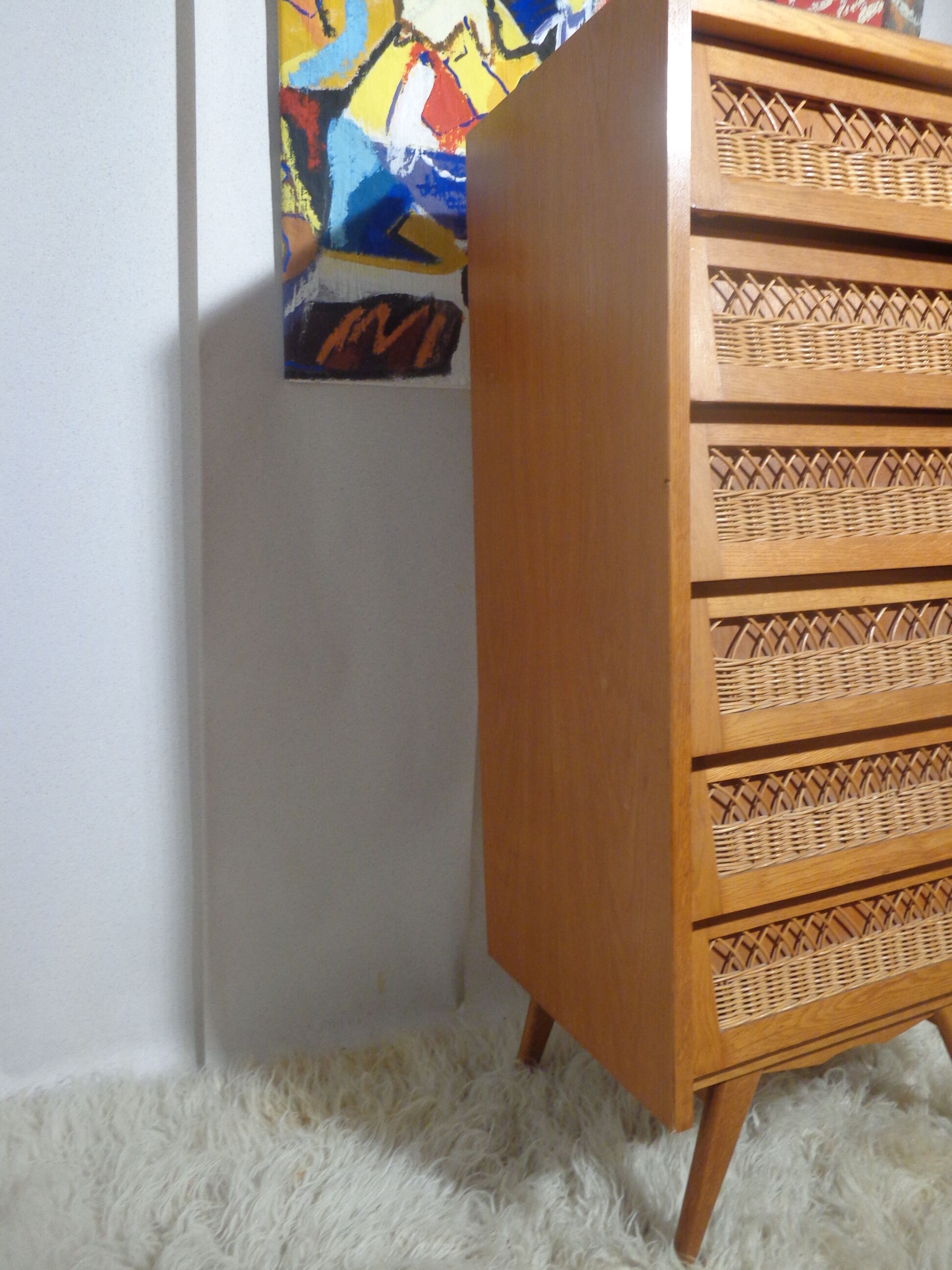 Chest of drawers vintage wood and rattan of the 50 feet compass