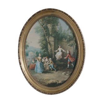 Painting old gilded frame romantic scene