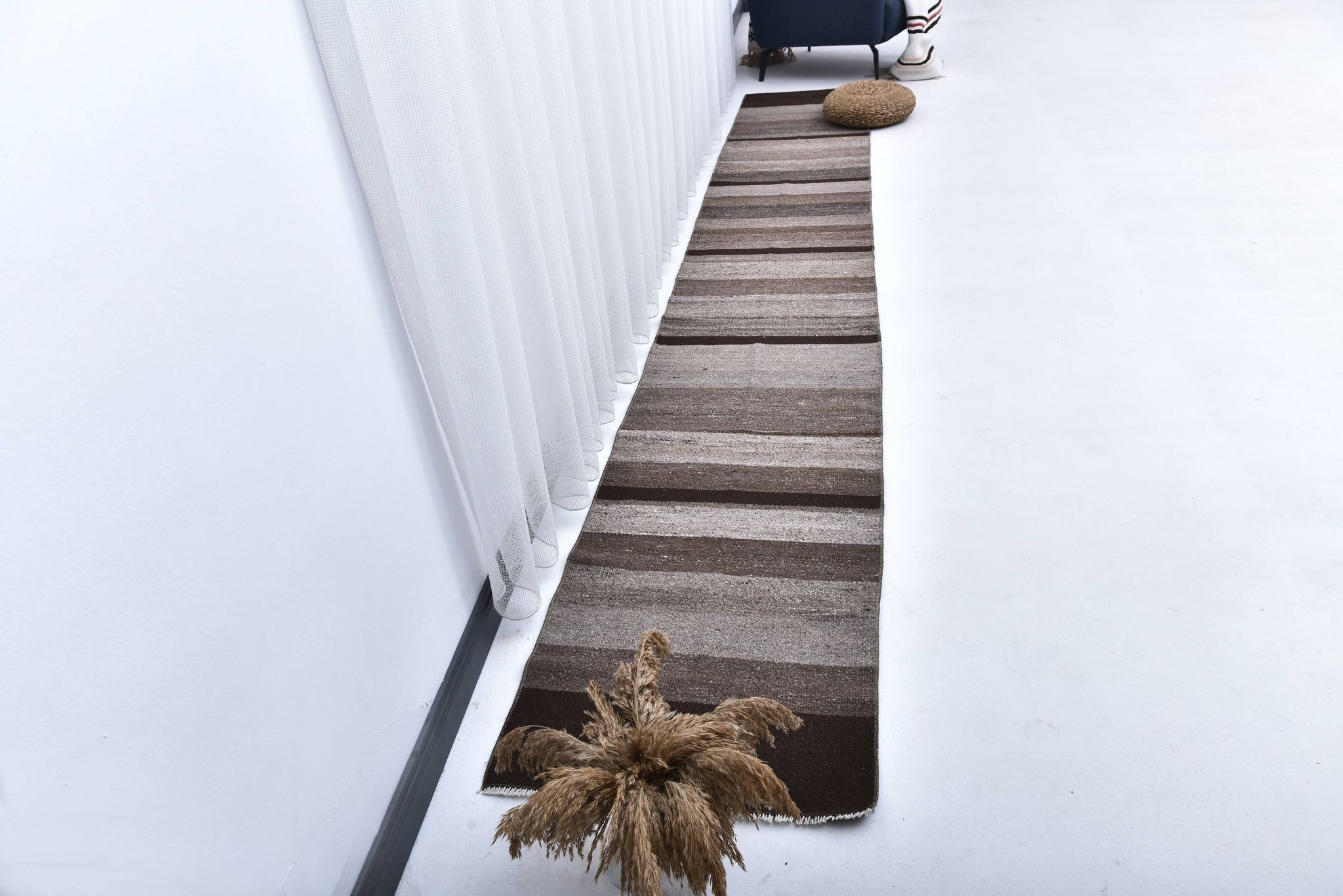 418x65 cm dark brown beige turkish runner wool kilim rug, corridor kilim