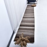 418x65 cm dark brown beige turkish runner wool kilim rug, corridor kilim