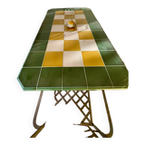 Dining table and seats for exterior or interior in metal and enameled lava tiles
