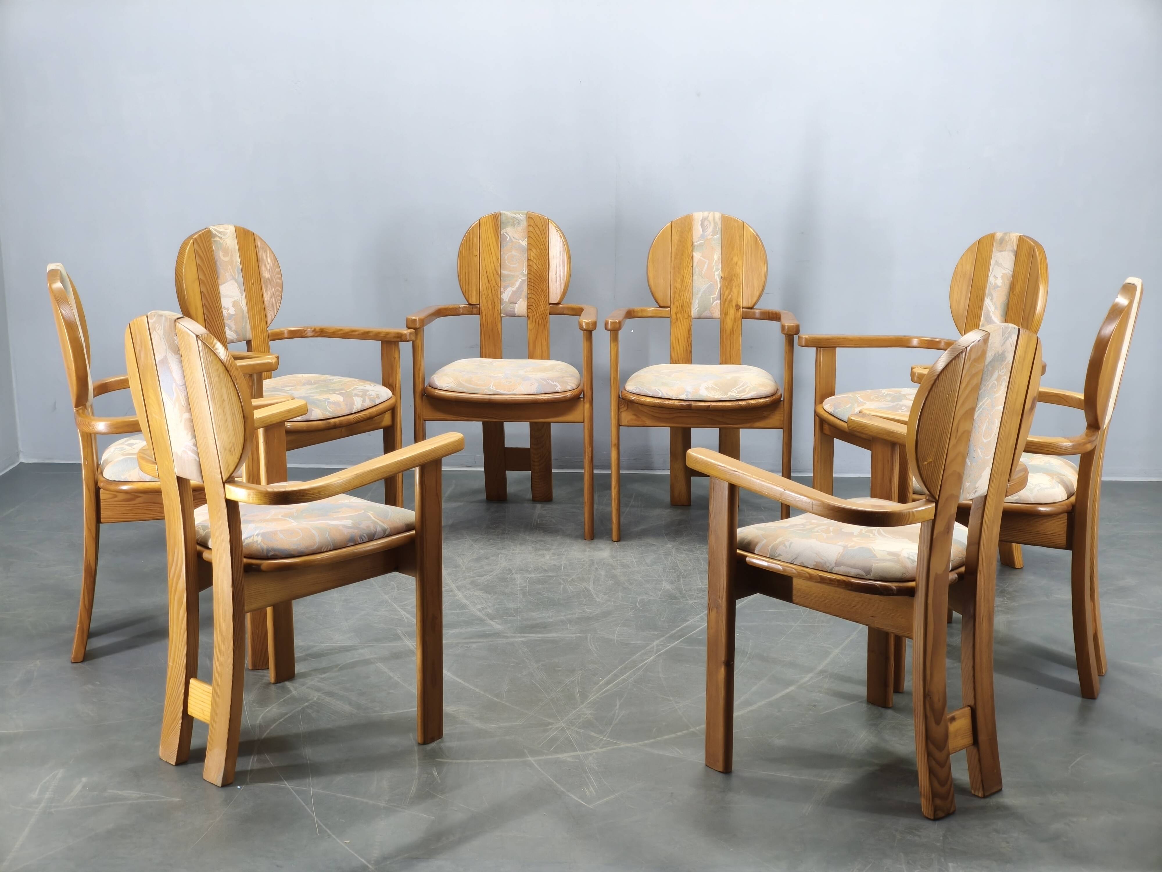 Set of 8 Czech Postmodern Pine Dining Armchairs, 1970s