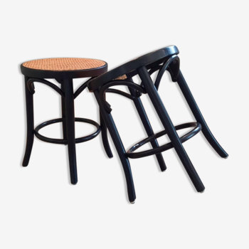 Set of 2 black stools in curved wood and rattan 1980