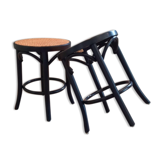 Set of 2 black stools in curved wood and rattan 1980