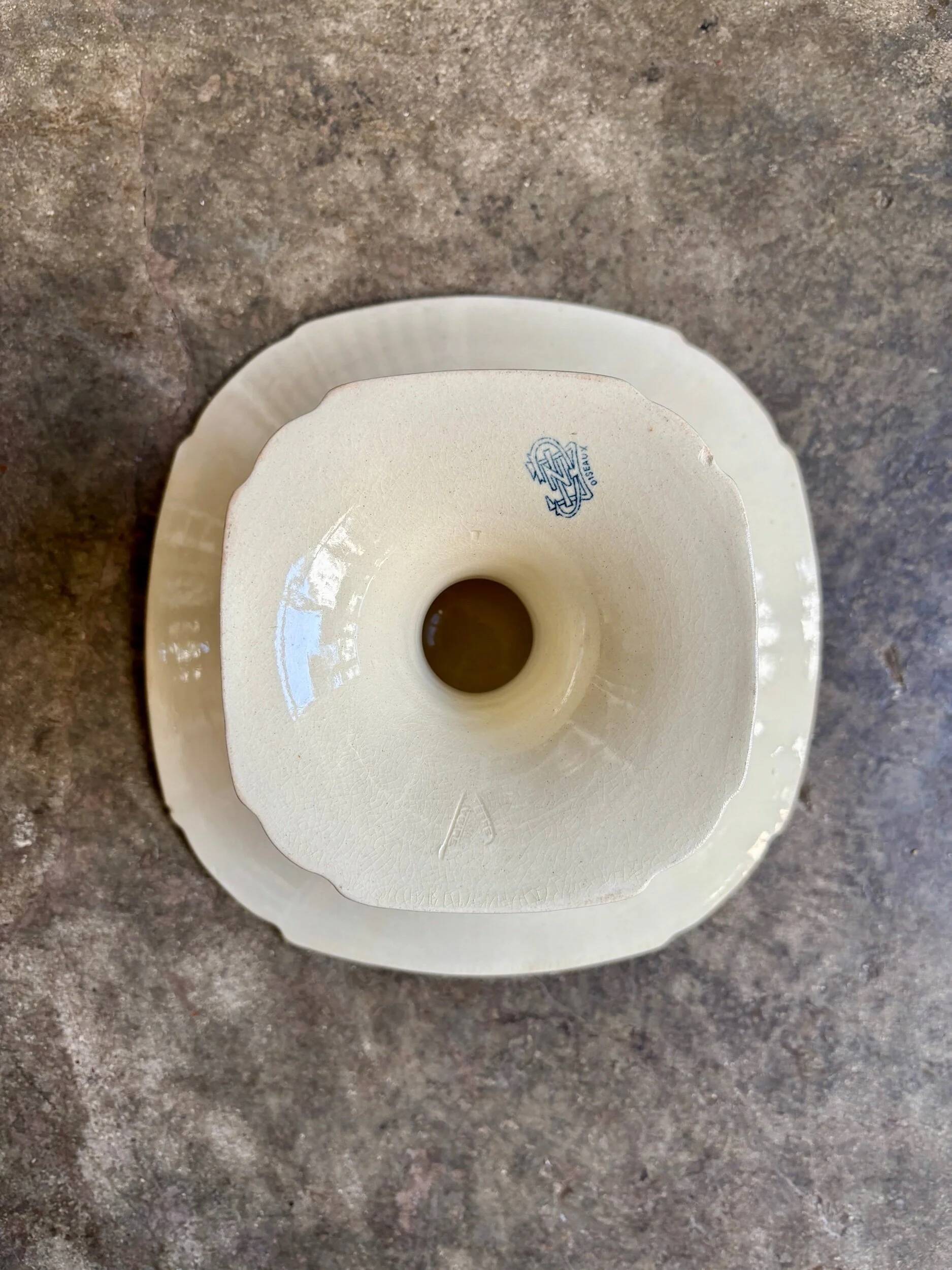 Large compote dish Gien in blue ironstone, "Birds" service around 1870.