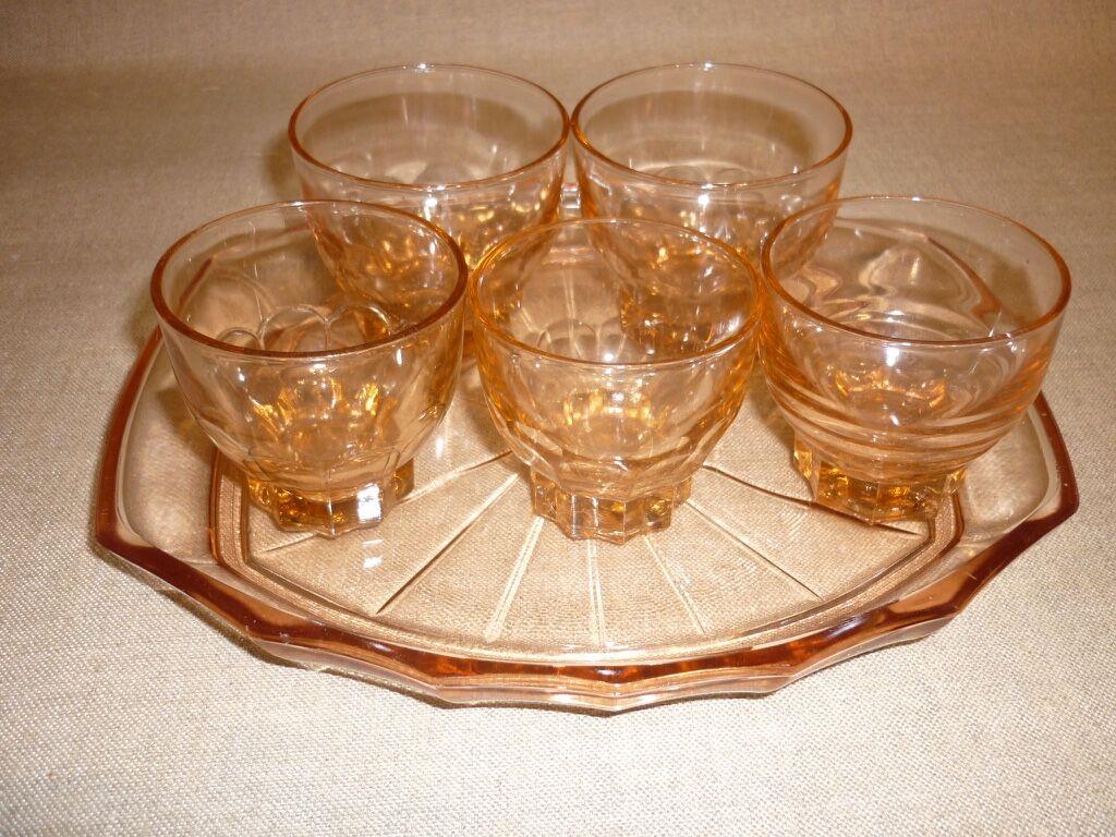 Rosé tray set and 5 art deco glasses